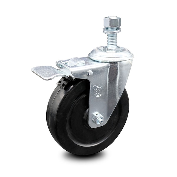 5 Inch Hard Rubber Wheel Swivel 1/2 Inch Threaded Stem Caster Total Lock Brake SCC